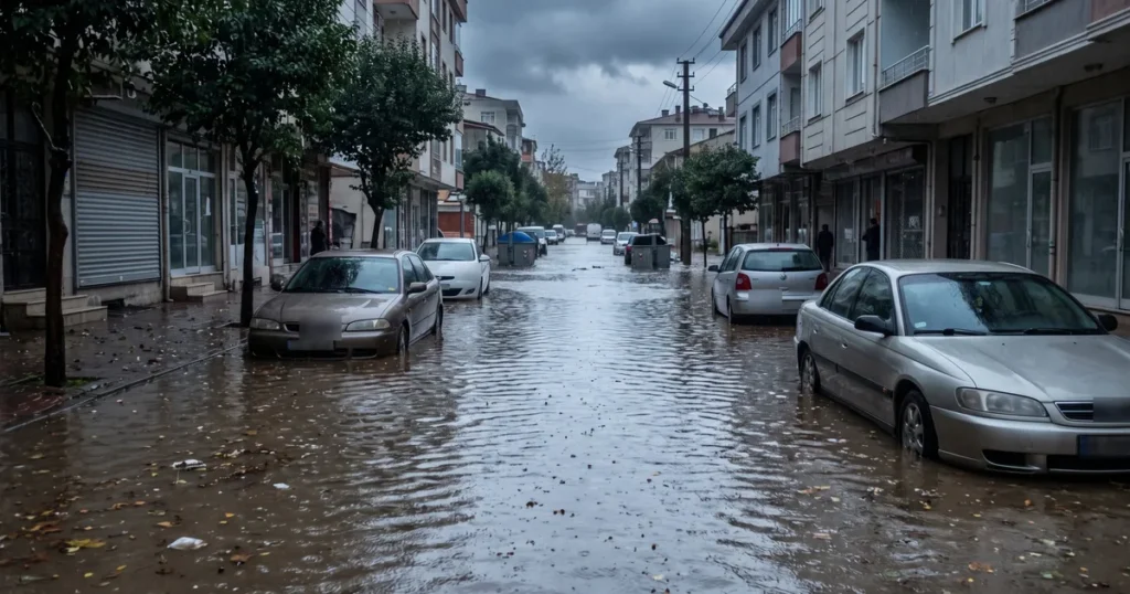 Su basmış bir caddede kısmen suya gömülmüş park hâlindeki araçlar